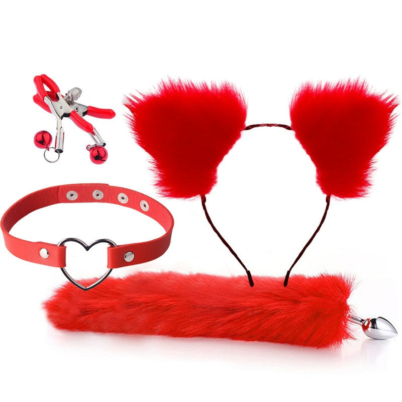 Fox Tail Anal Plug Set | 4-Piece Cosplay Bondage Kit with Ears & Collar – Red Desired