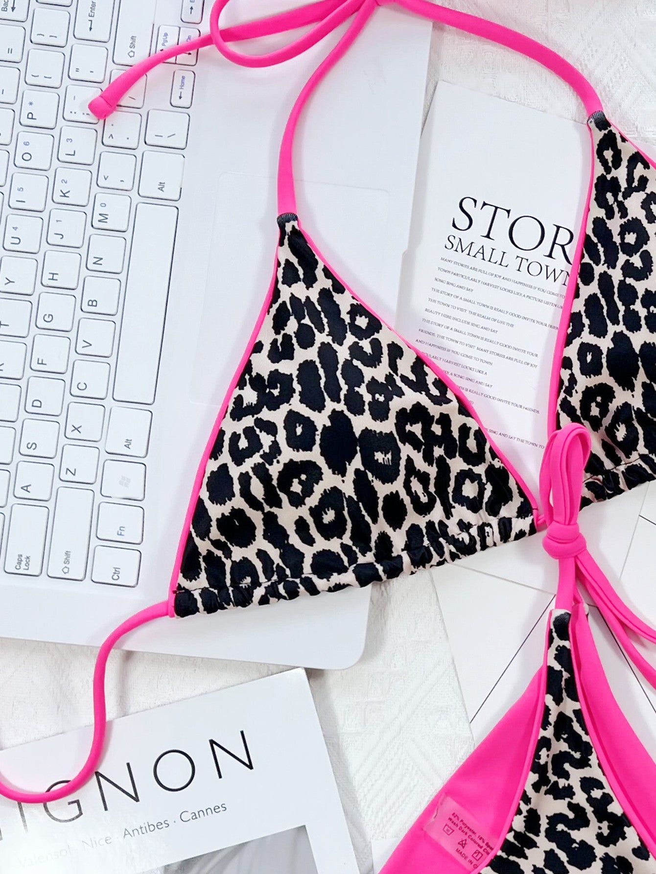 Leopard print bikini in pink leopard detail view - Red Desired swimwear