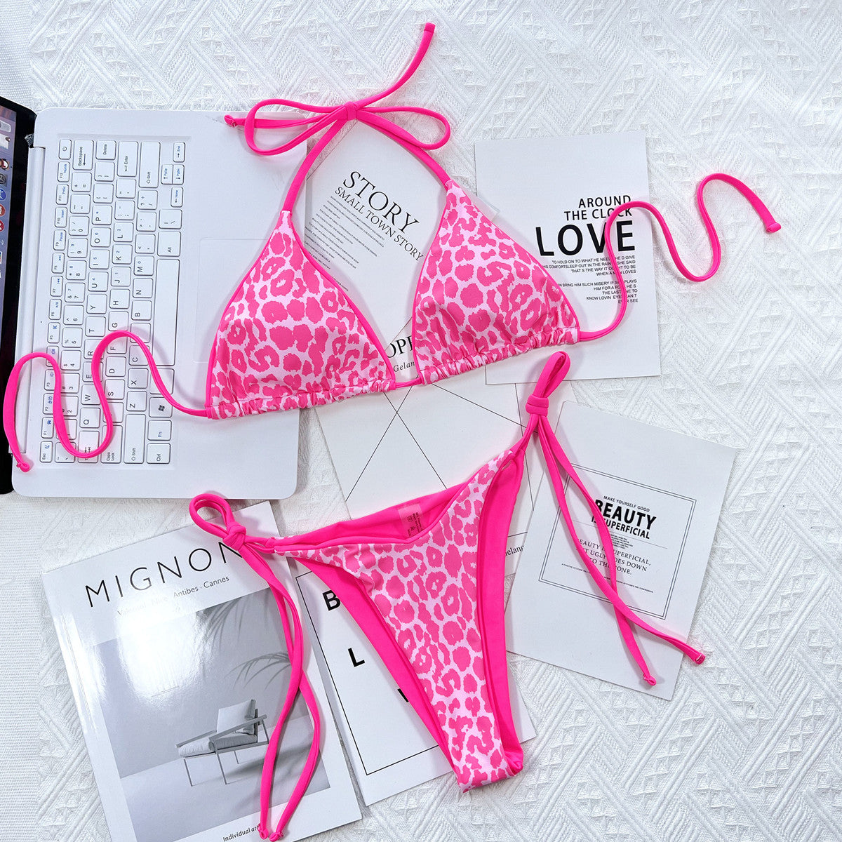 Leopard print bikini in hot pink details view- Red Desired swimwear