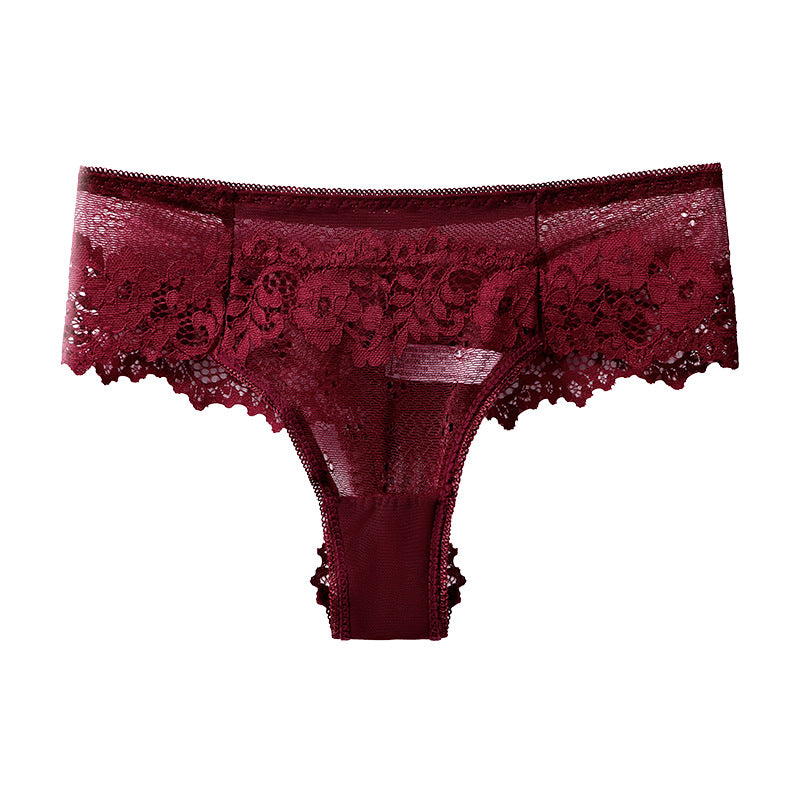 Front view of burgundy lace panty with floral lace waistband