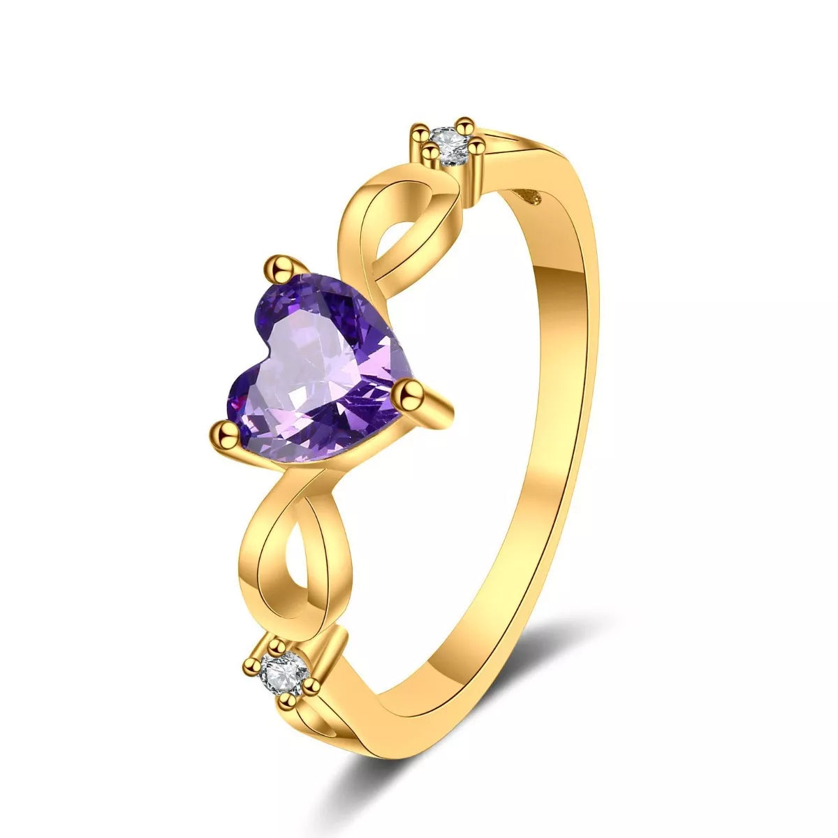 High-resolution studio image of gold ring with heart-shaped amethyst gemstone and side diamonds