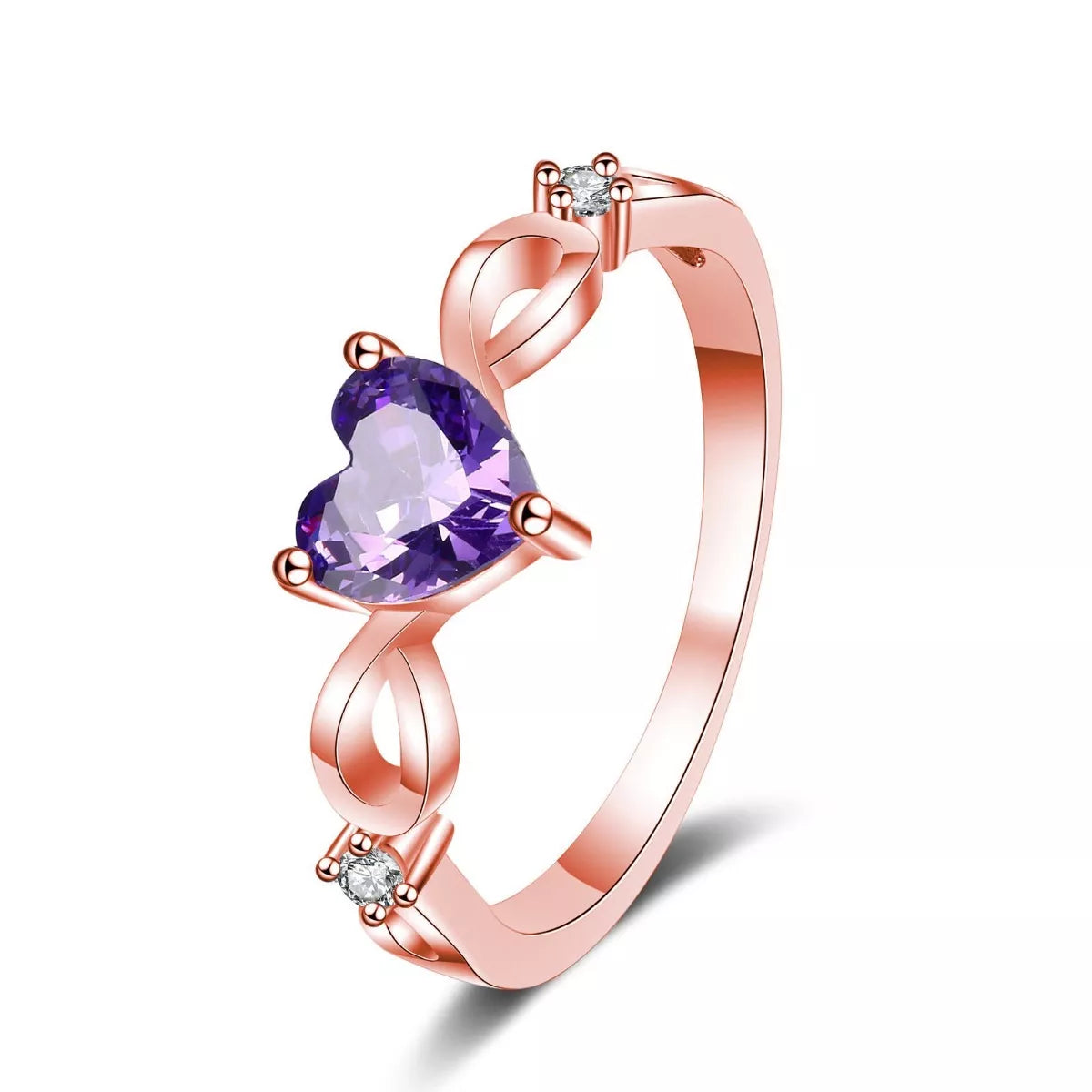 Studio image of rose gold ring with heart-shaped amethyst gemstone and side diamonds