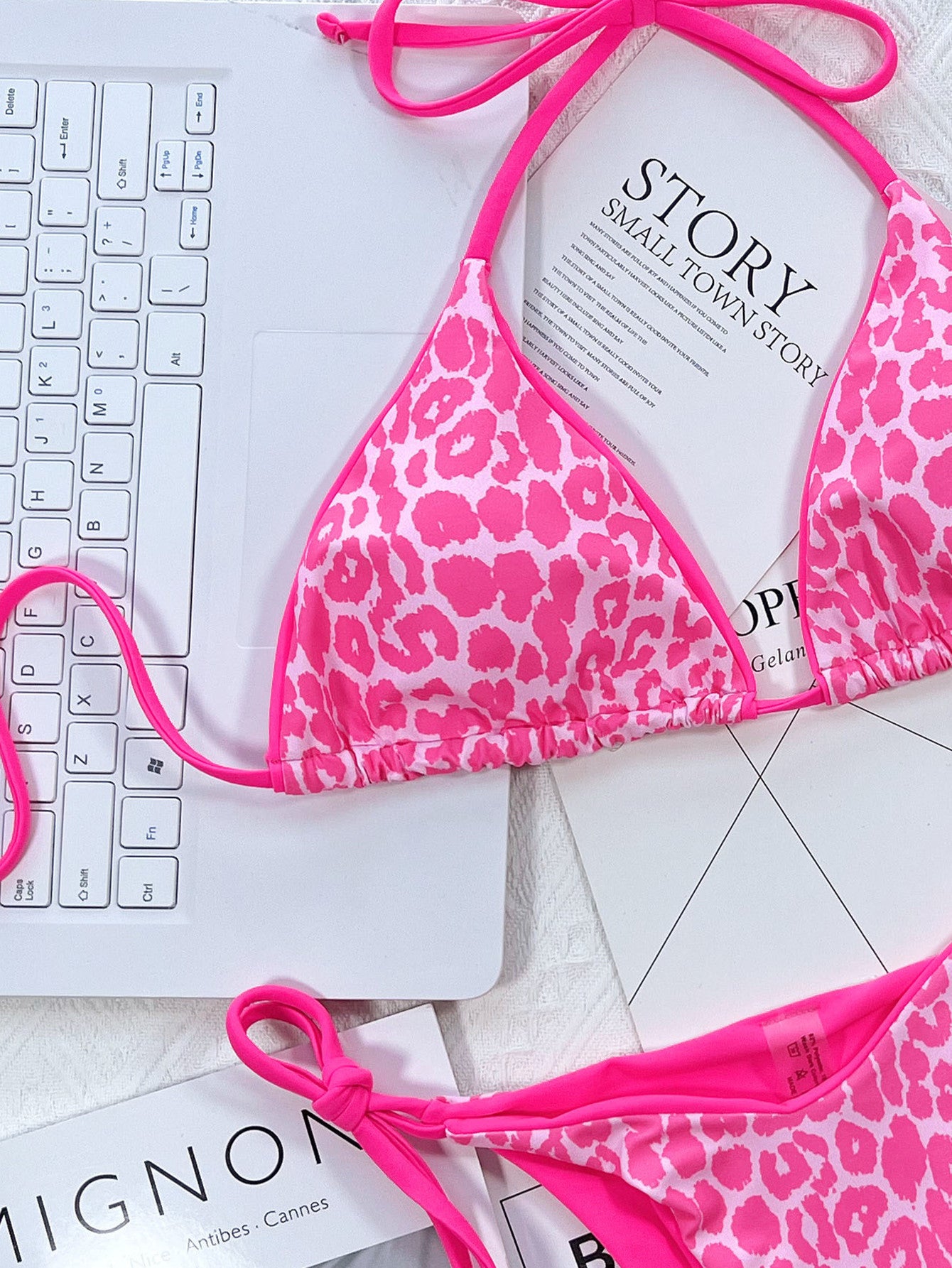Leopard print bikini in hot pink close up view - Red Desired swimwear