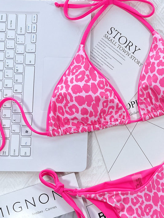 Leopard print bikini in hot pink close up view - Red Desired swimwear