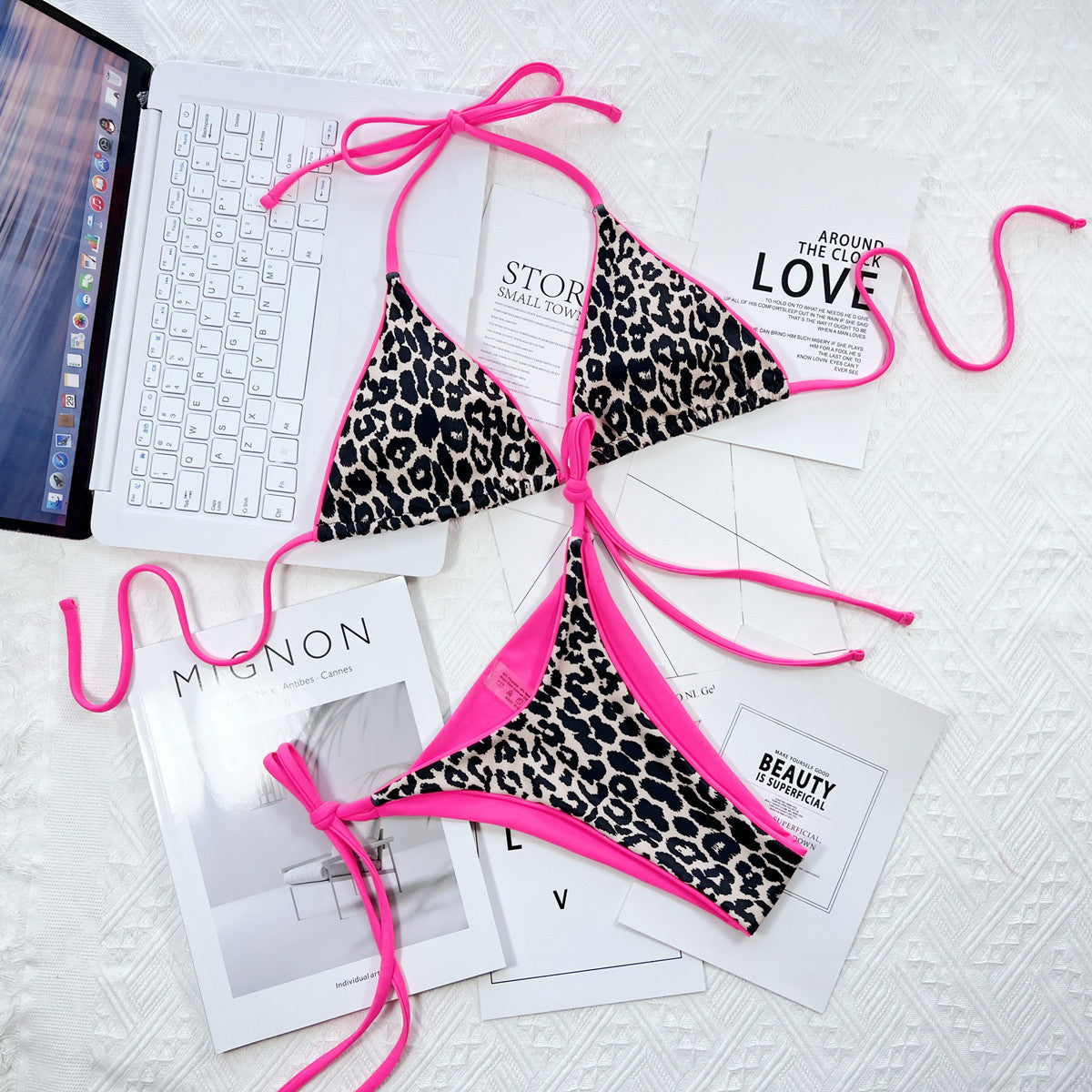 Leopard print bikini in pink leopard full view - Red Desired swimwear
