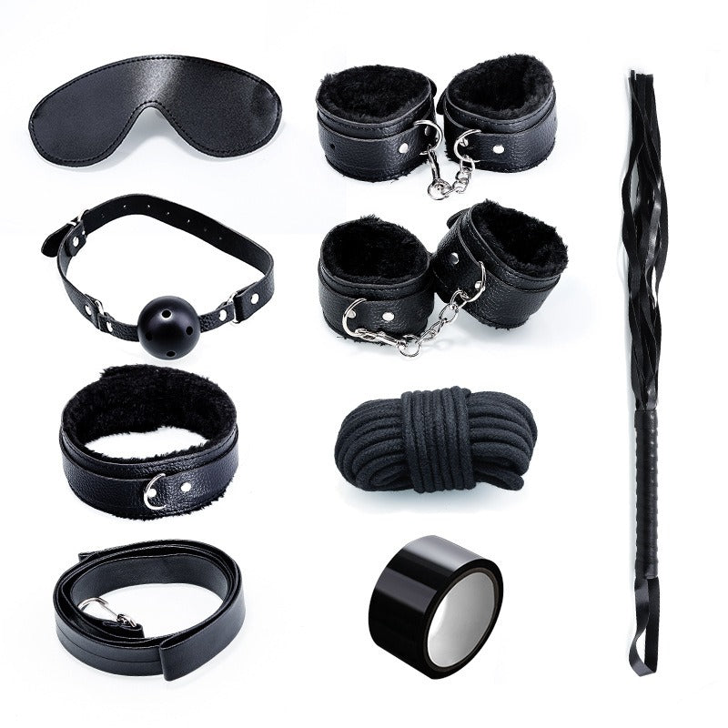 Black leather accessory set displayed on white background