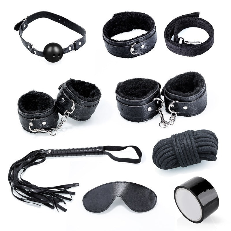 Black leather accessory set displayed on white background
