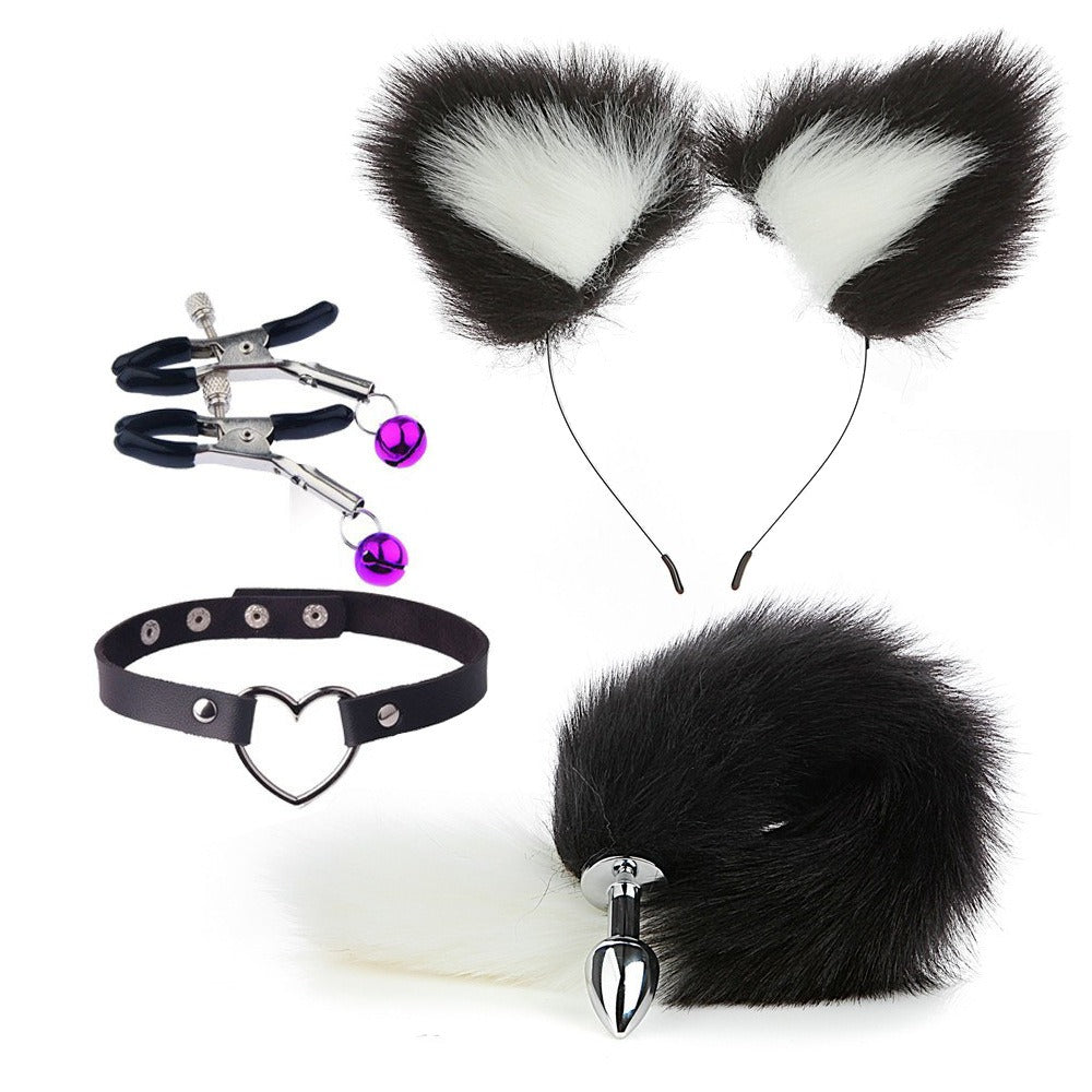 Black and white fox tail and ears cosplay accessory set with choker and clips