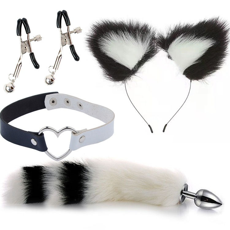 Black and white striped fox tail and ears cosplay accessory set with matching choker