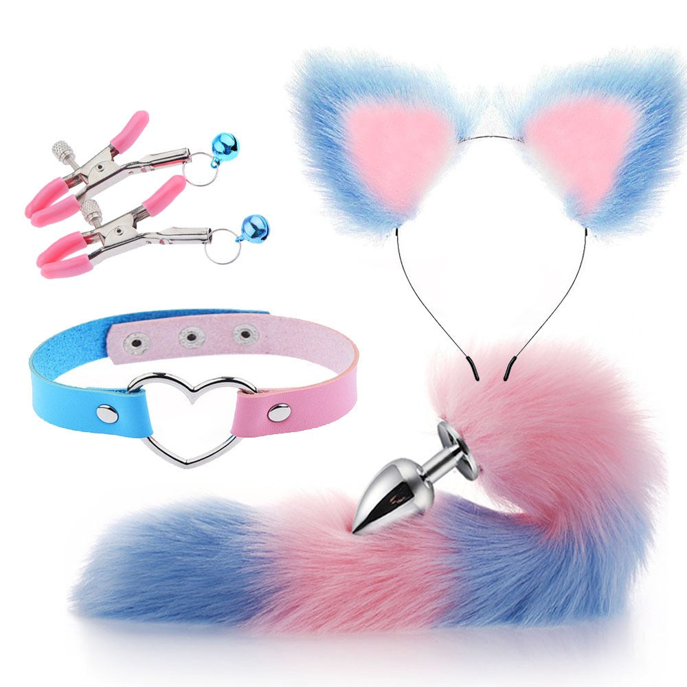 Blue and pink fox tail and ears cosplay accessory set with matching choker