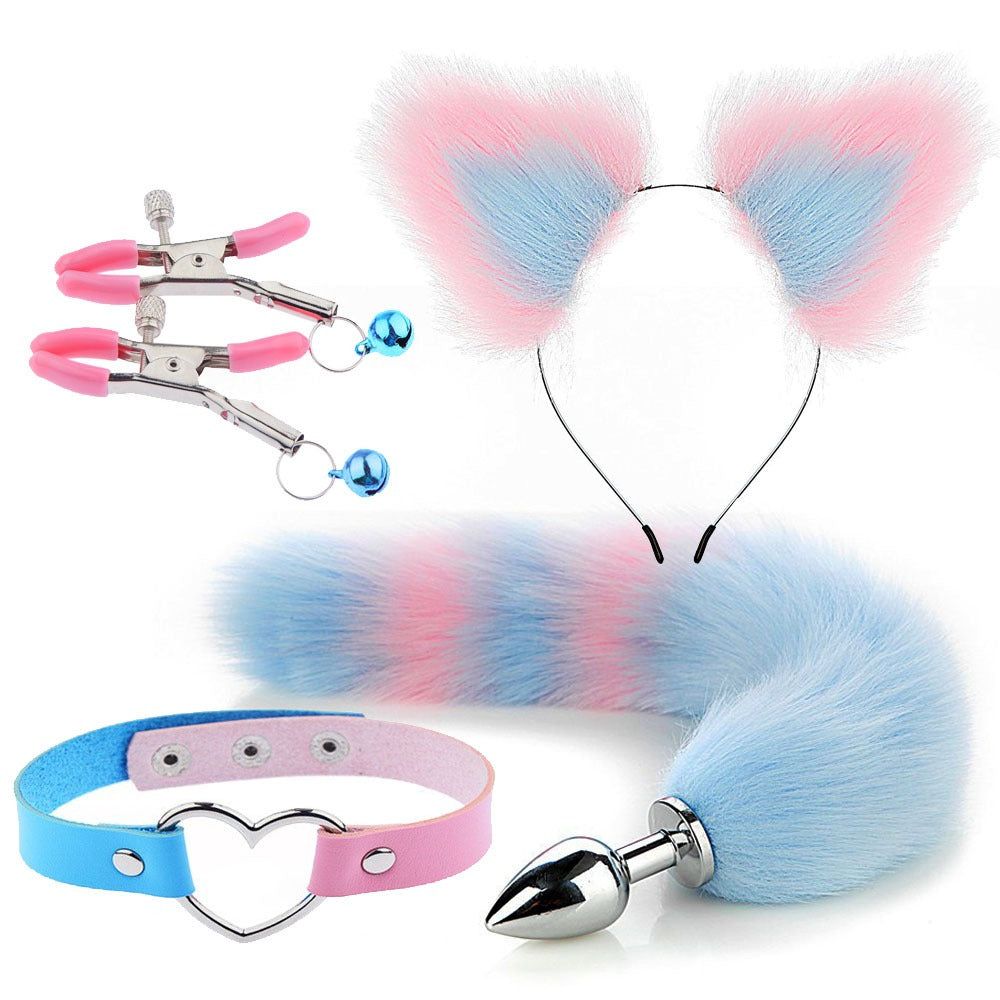 Blue and pink striped fox tail and ears cosplay accessory set with matching choker