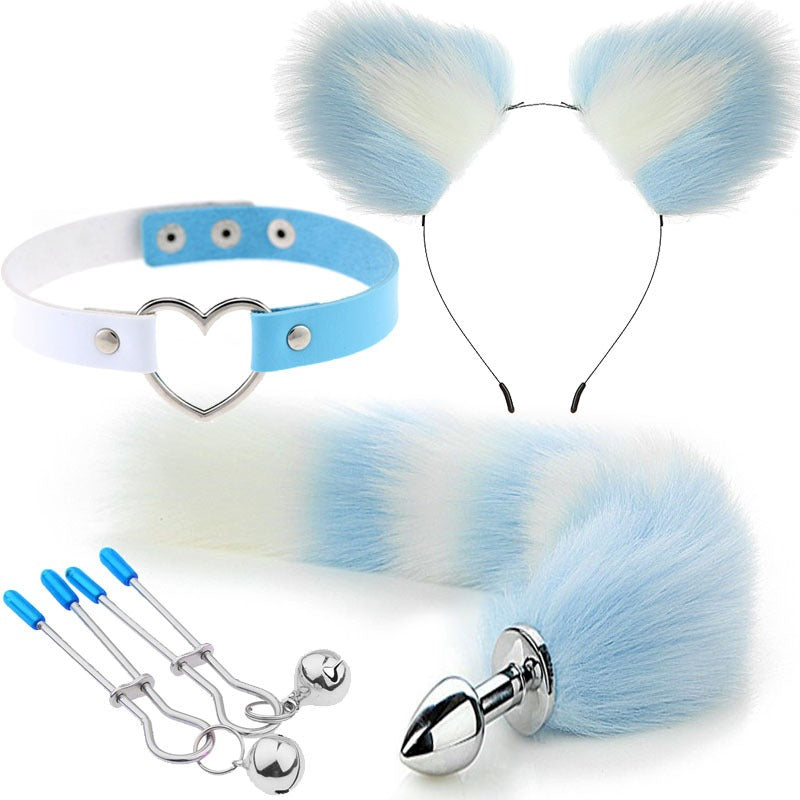 Blue and white fox tail and ears cosplay accessory set with matching choker