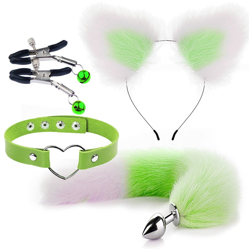 Green and white fox tail and ears cosplay accessory set with matching choker