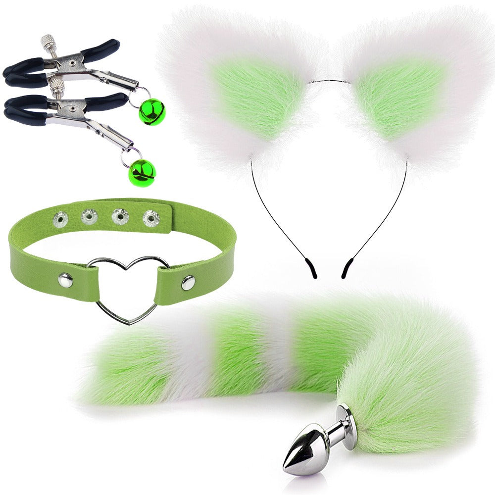 Green and white striped fox tail and ears cosplay accessory set with matching choker