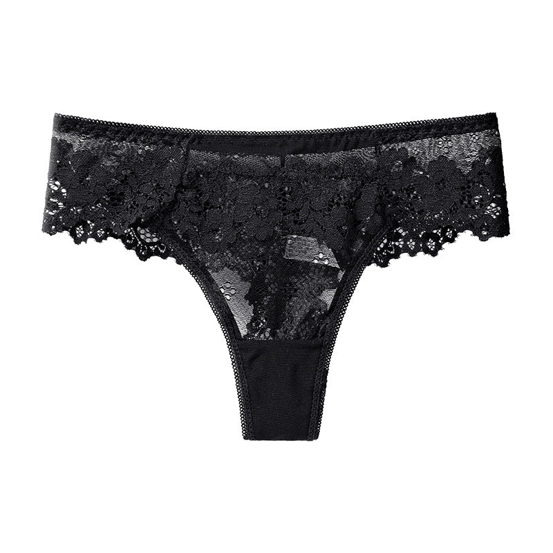 Front view of black lace panty with floral pattern on plain background
