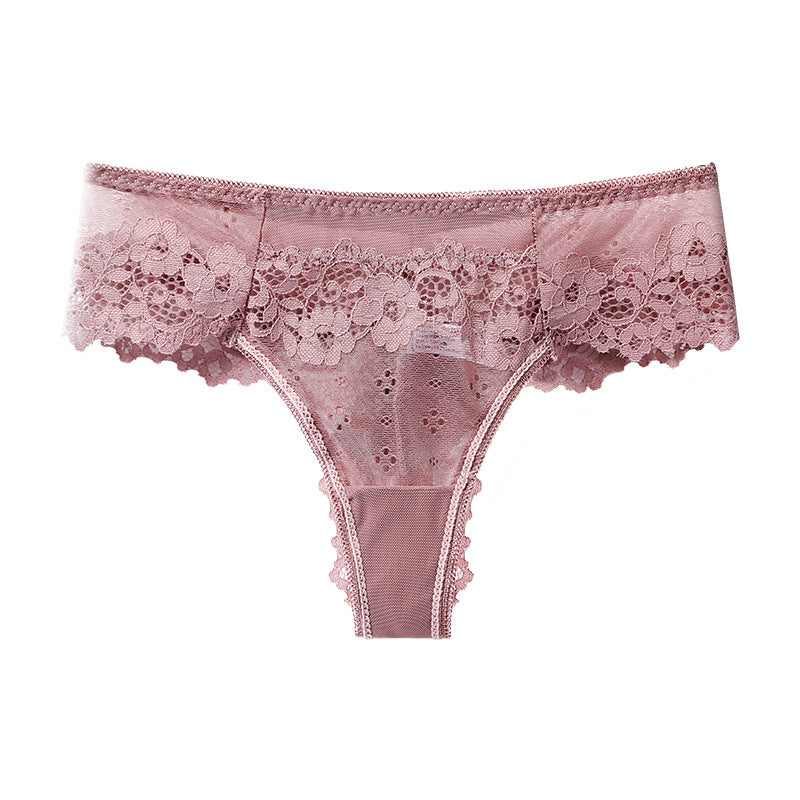 Front view of mauve lace panty with floral embroidery and scalloped trim
