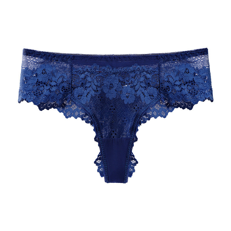 Front view of navy lace panty with floral lace waistband on plain white background