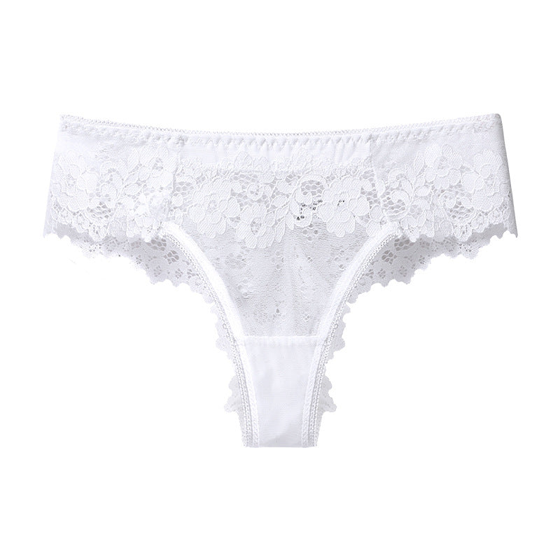 Front view of white lace panty with floral trim on plain white background