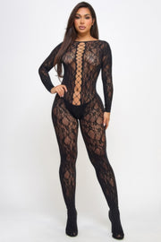 Lace-Up Bodystocking - front view - Red Desired
