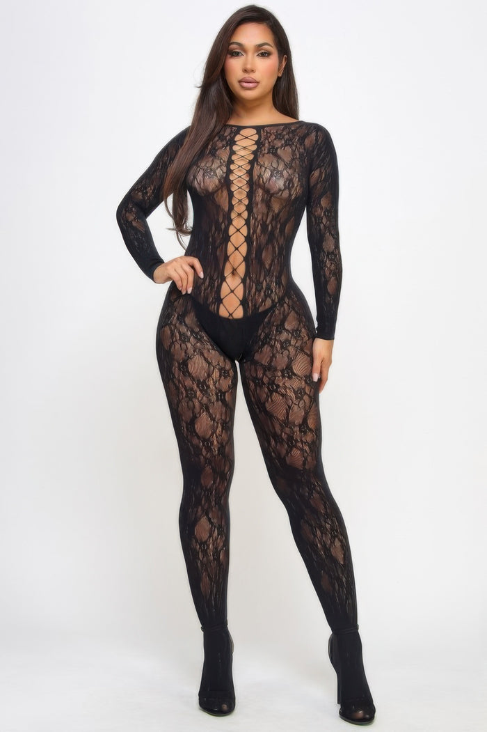 Lace-Up Bodystocking - front view - Red Desired