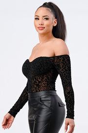 Leopard Print Off-Shoulder Bodysuit - detail view - Red Desired