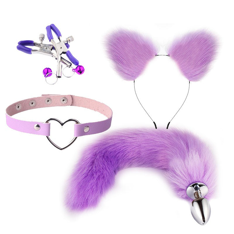 Light purple fox tail and ears cosplay accessory set with matching choker
