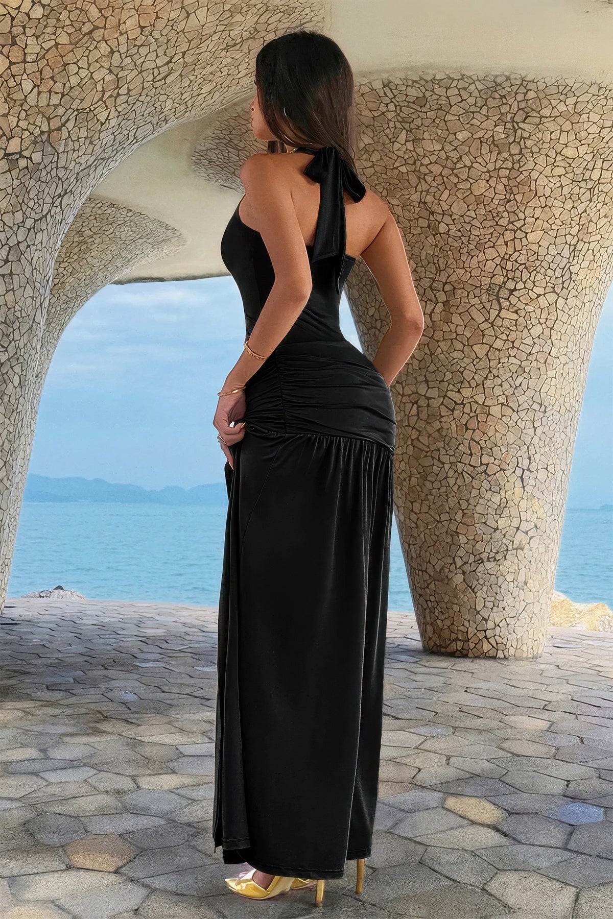Noir Pleated High-Slit Backless Maxi Dress - pleat detail - Red Desired