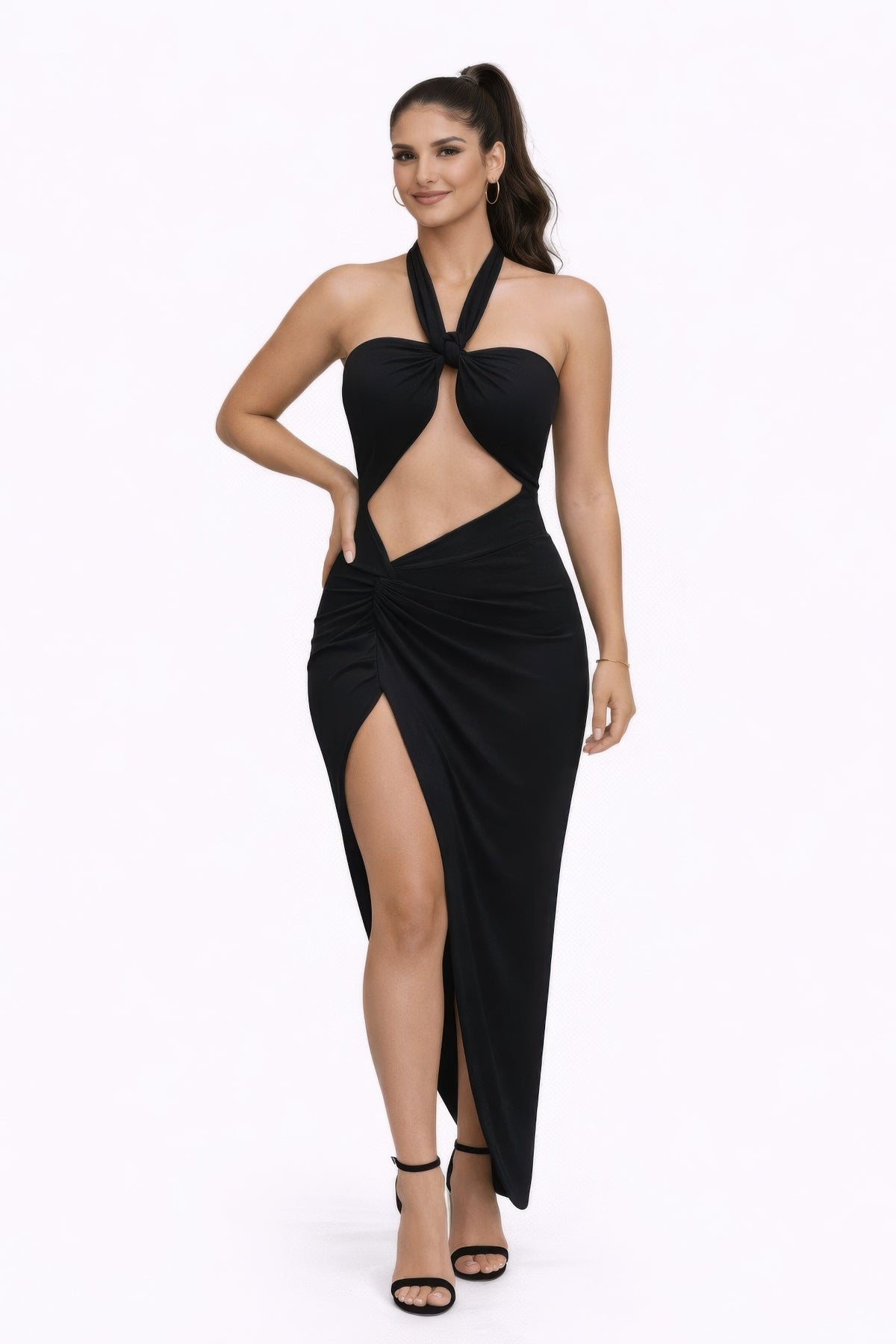 Noir Sculpted Cutout High-Slit Dress - front view - Red Desired