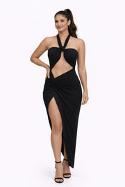 Noir Sculpted Cutout High-Slit Dress - front view - Red Desired