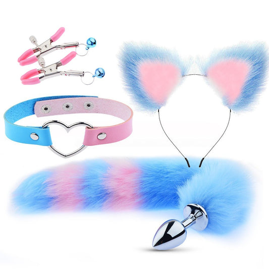 Pink and blue fox tail and ears cosplay accessory set with choker and clips