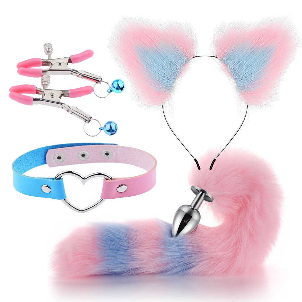 Pink and blue striped fox tail and ears cosplay accessory set with matching choker