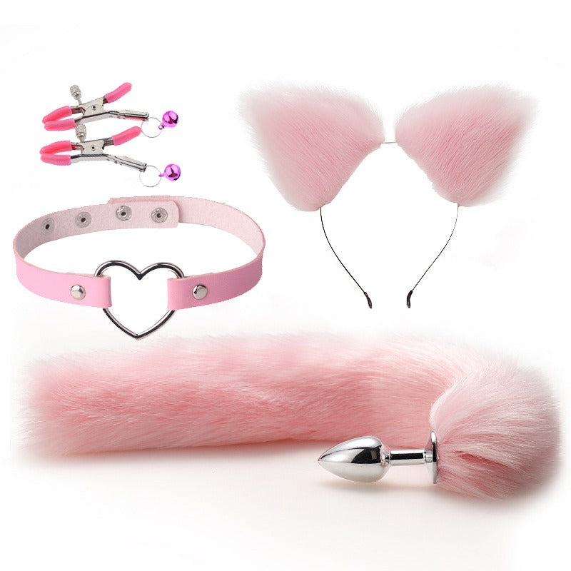 Pink fox tail and ears cosplay accessory set with matching choker