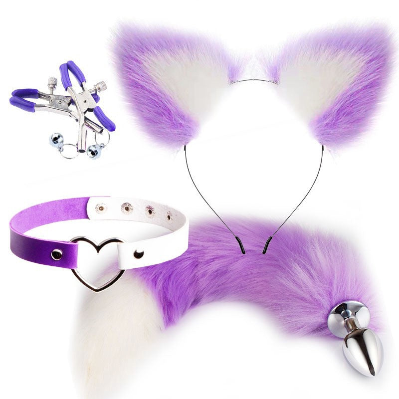 Purple and white fox tail and ears cosplay accessory set with heart choker
