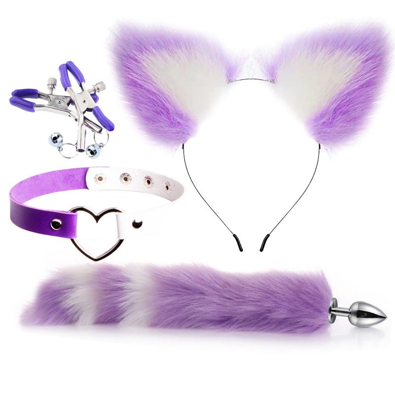 Purple and white striped fox tail and ears cosplay accessory set with matching choker
