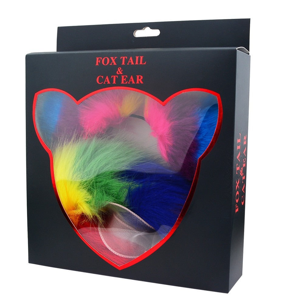 Rainbow fox tail and cat ear accessory set in retail packaging box