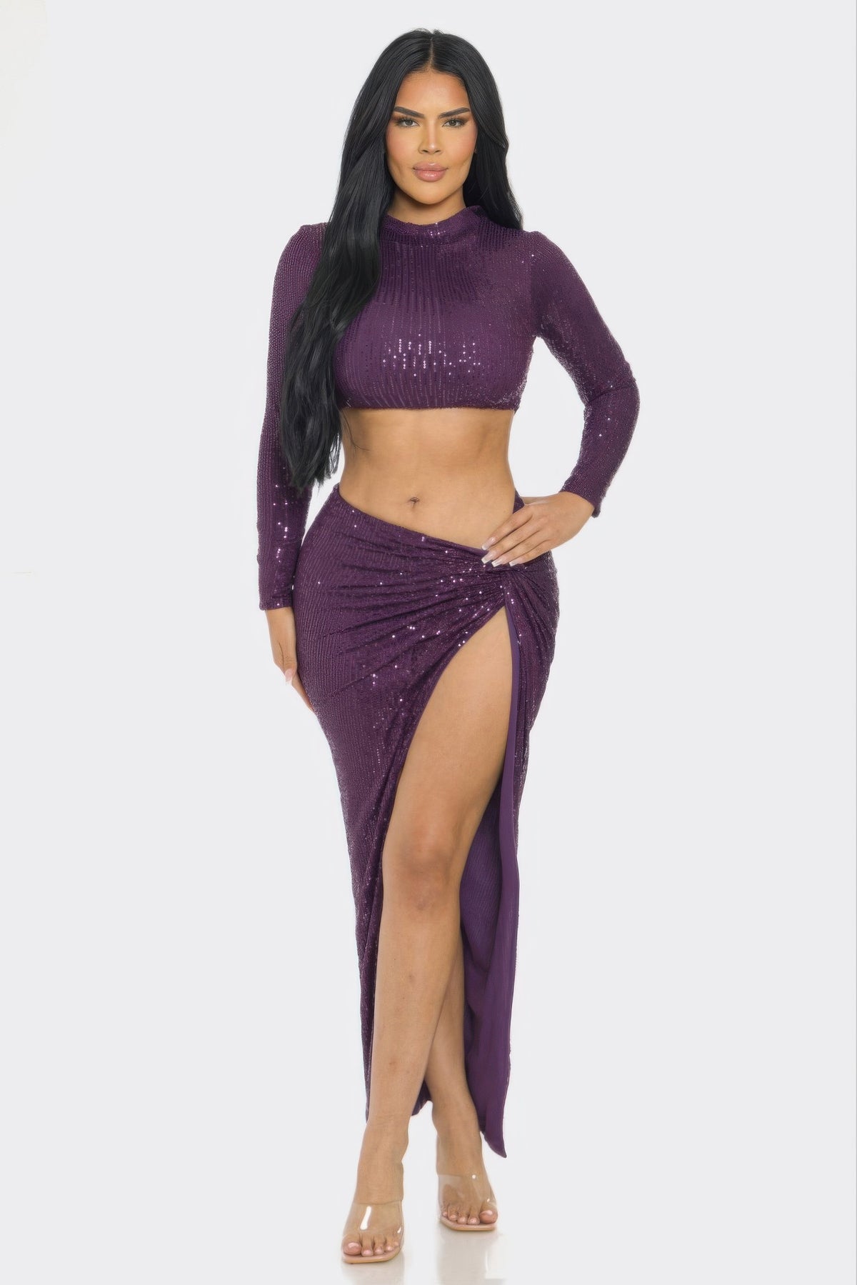 Sequin Radiance Top & Skirt Set - front view - Red Desired