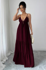 Suspender A-Line Maxi Dress - fabric detail - Red Desired