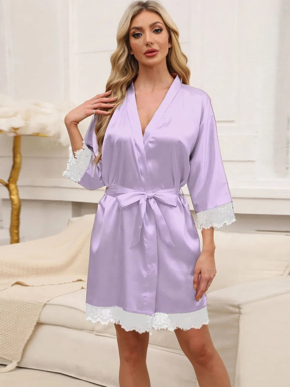 Lavender tied lace lounge nightgown front view – Red Desired