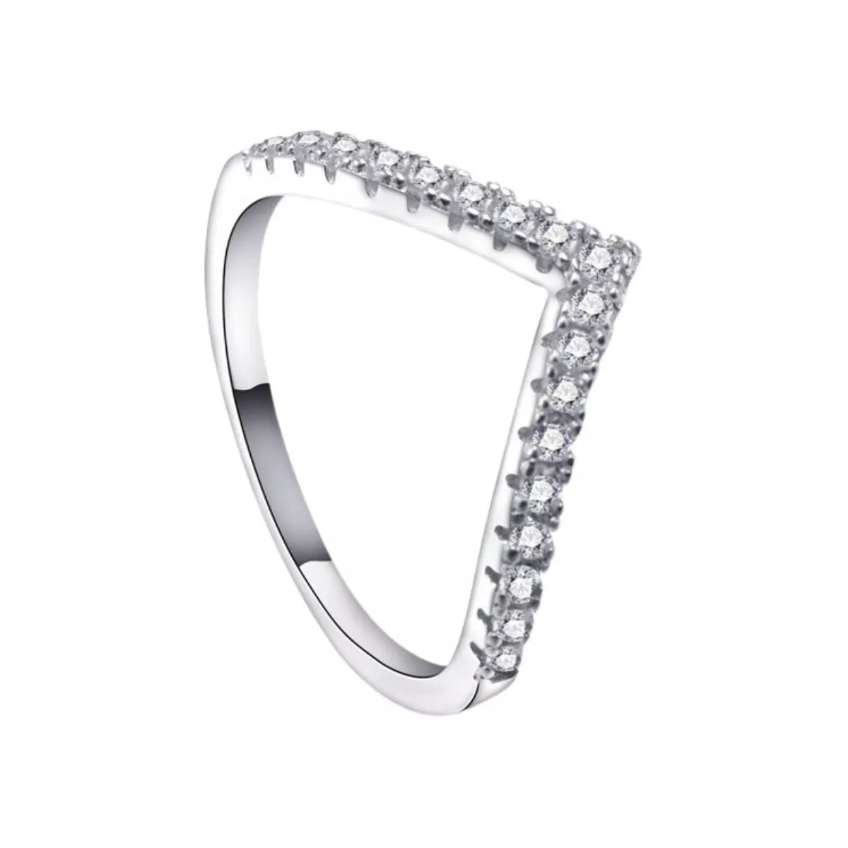 Side angle view of a V-shaped sterling silver ring with pavé-set diamonds