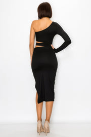 Velvet Muse One-Shoulder Cutout Maxi Dress - styled look - Red Desired
