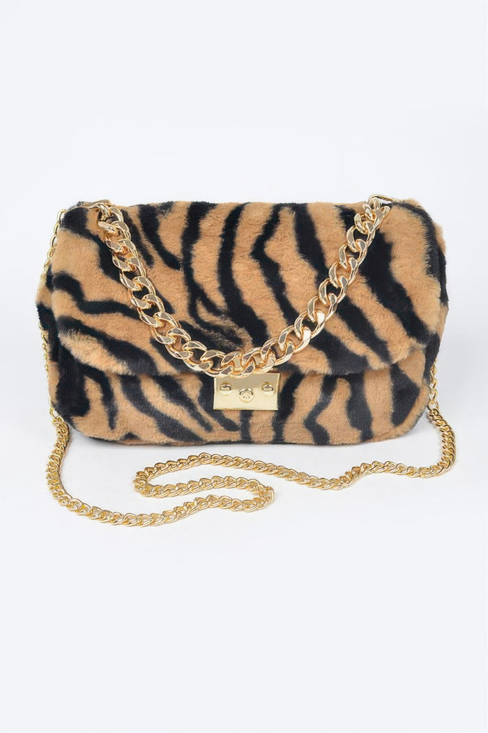 Wild Safari Faux Fur Shoulder Bag - front view - Red Desired